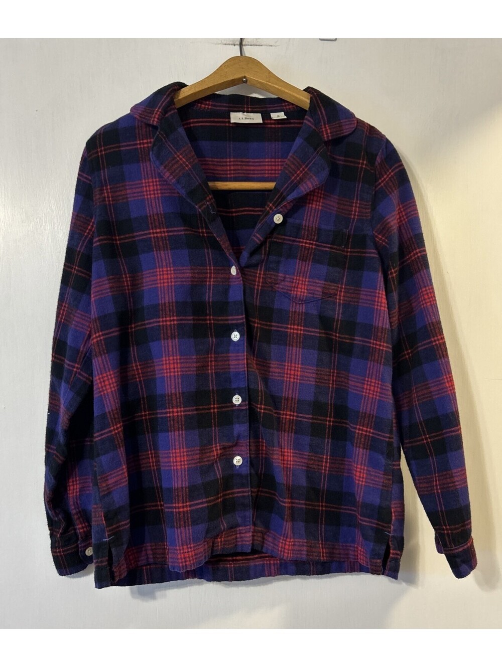 LL Bean Flannel Shirt Women's S 100% Cotton Purple Red Scotch Plaid Sleep Lounge